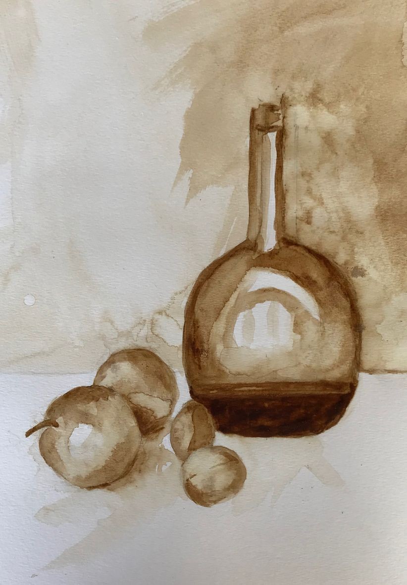 Monique bouteille et pommes aquarelle au cafe 08 2020